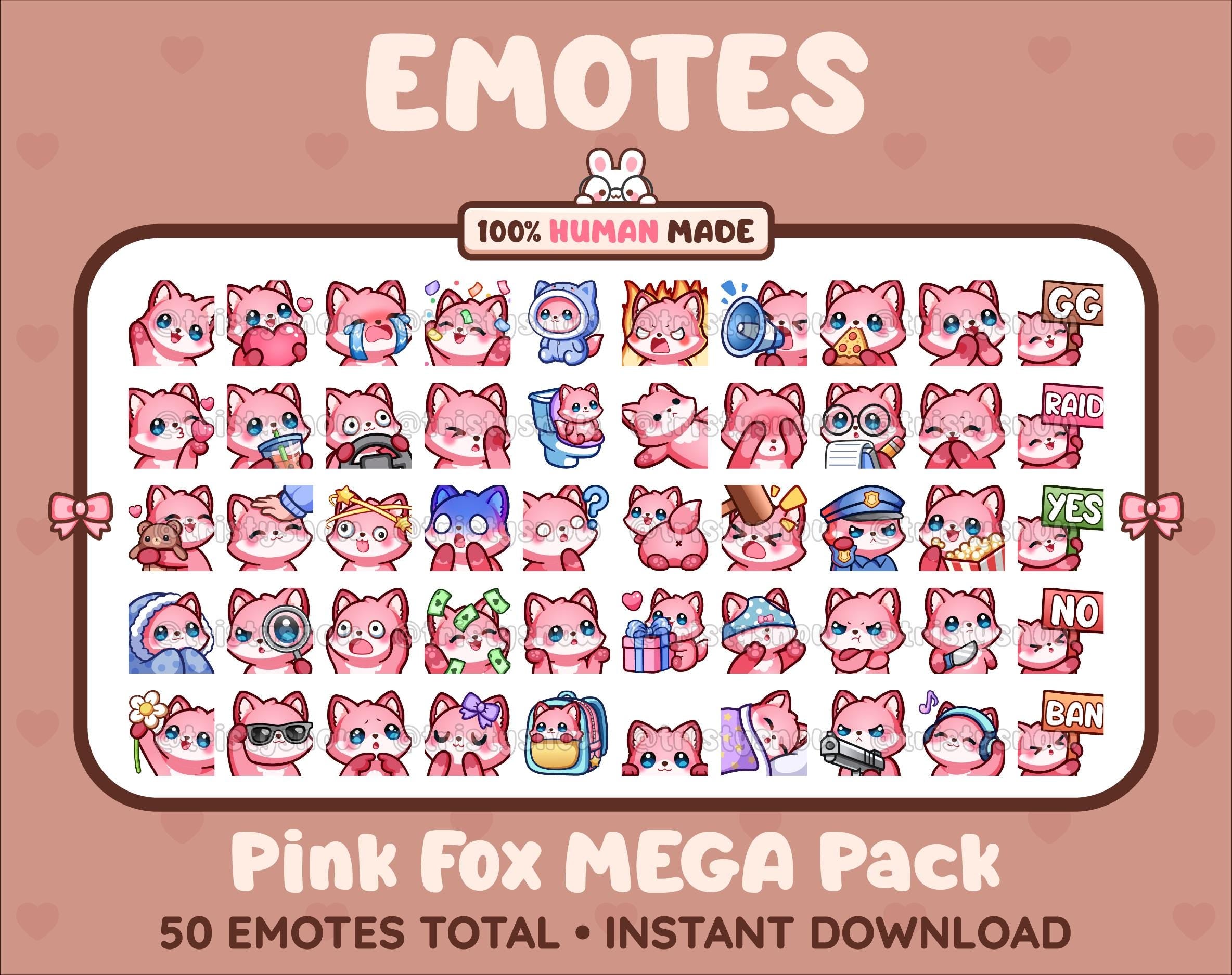 Pink Fox Twitch emote mega pack featuring 50 emotes including hype, kiss, raid, and lurk.