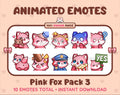 Pink Fox animated Twitch emote pack featuring 10 emotes including hug, scared, bonk, and popcorn.