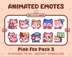 Pink Fox animated Twitch emote pack featuring 10 emotes including hug, scared, bonk, and popcorn.