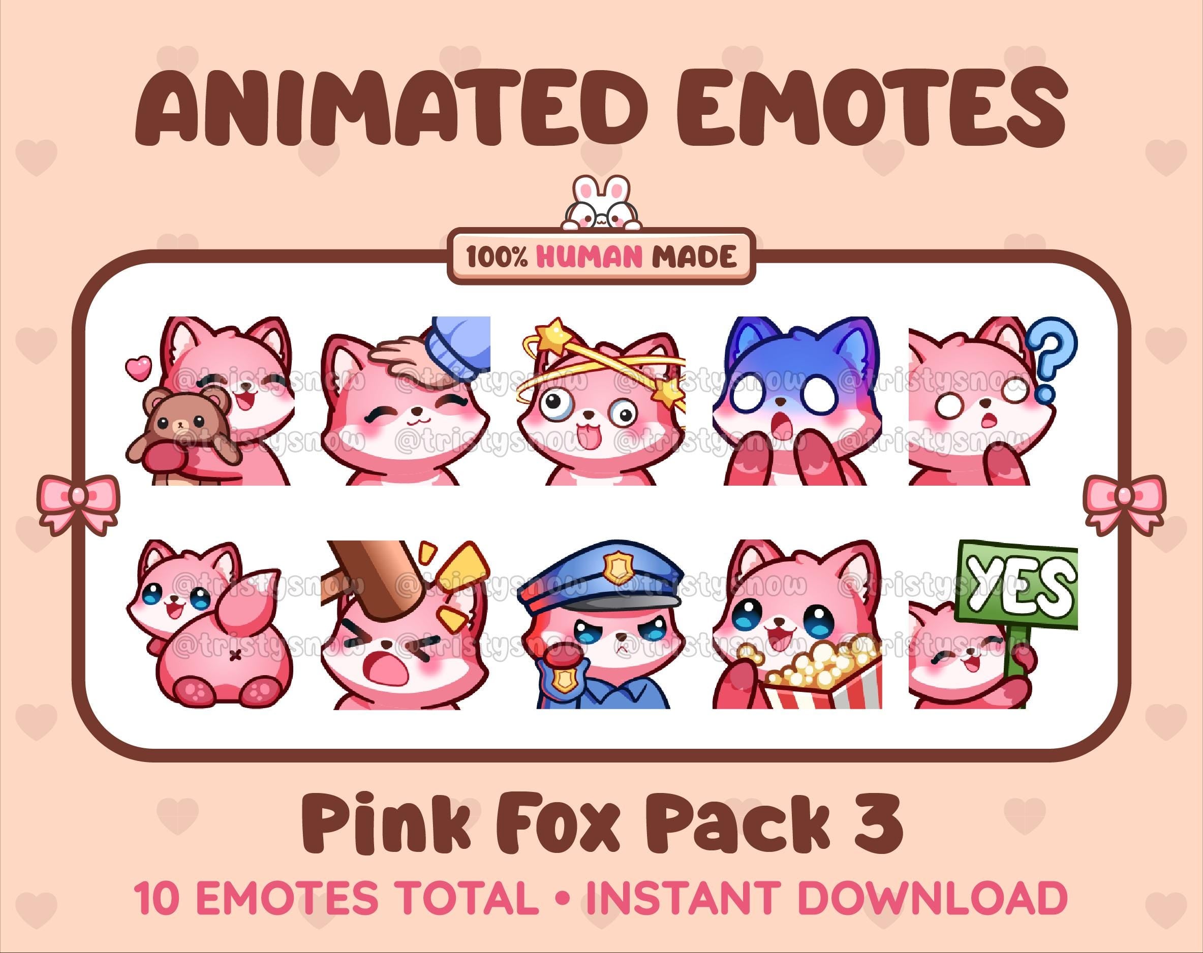 Pink Fox animated Twitch emote pack featuring 10 emotes including hug, scared, bonk, and popcorn.