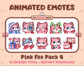 Pink Fox animated Twitch emote pack featuring 10 emotes including cozy, sus, panic, and shrug.