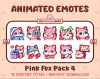 Pink Fox animated Twitch emote pack featuring 10 emotes including cozy, sus, panic, and shrug.