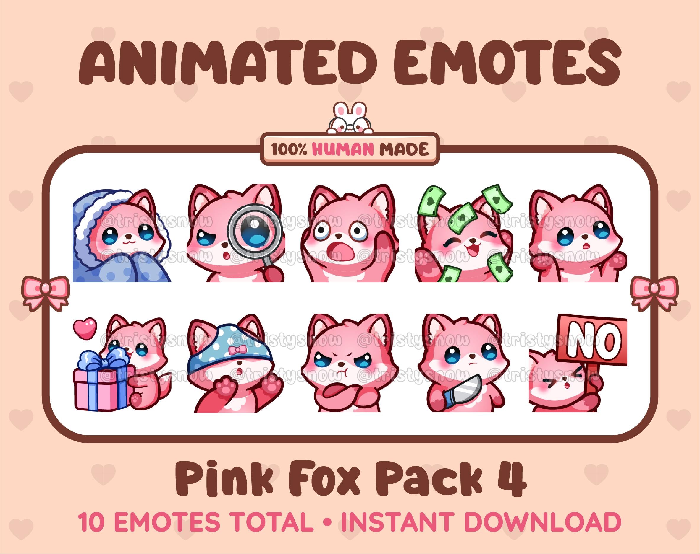 Pink Fox animated Twitch emote pack featuring 10 emotes including cozy, sus, panic, and shrug.