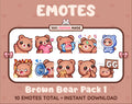 Brown Bear Twitch emote pack featuring 10 emotes including GG, angry, cry, and hype.