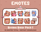 Brown Bear Twitch emote pack featuring 10 emotes including GG, angry, cry, and hype.
