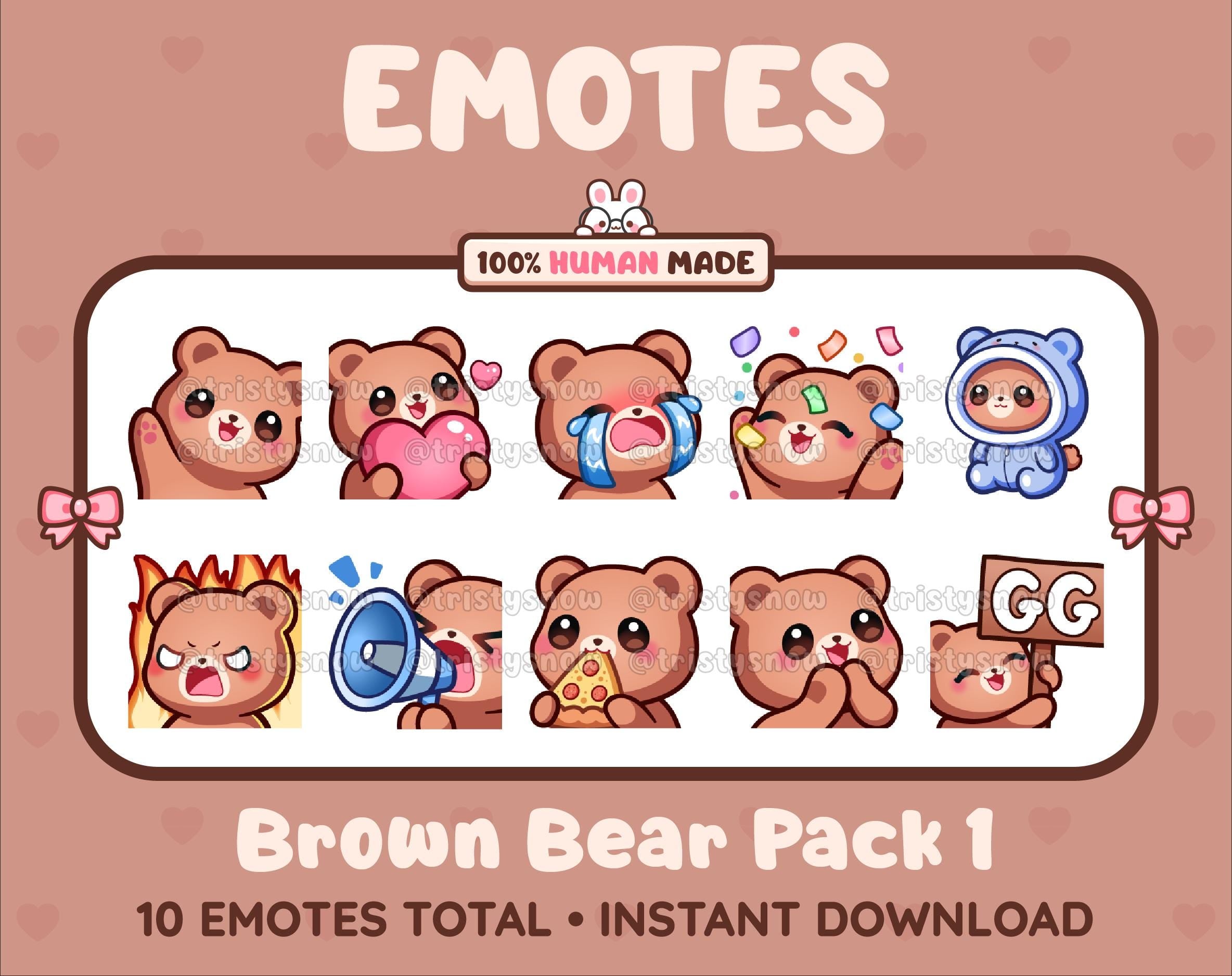 Brown Bear Twitch emote pack featuring 10 emotes including GG, angry, cry, and hype.