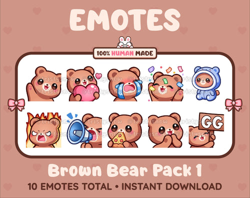 Brown Bear Twitch emote pack featuring 10 emotes including GG, angry, cry, and hype.