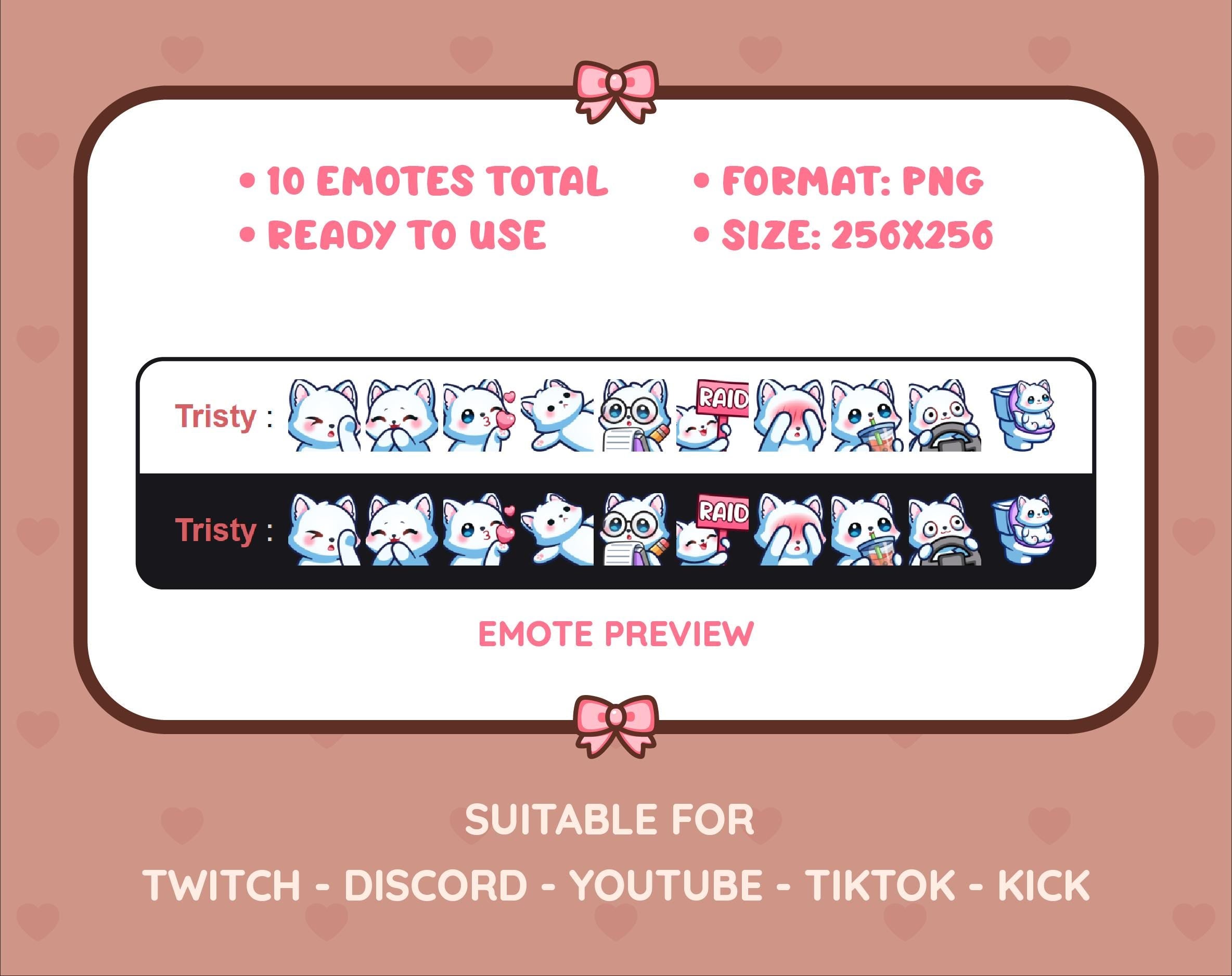 White Fox Twitch emote pack preview displaying all 10 emotes with format and size information.