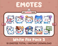 White Fox Twitch emote pack featuring 10 emotes including hug, scared, bonk, and popcorn.