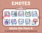 White Fox Twitch emote pack featuring 10 emotes including cozy, sus, panic, and shrug.
