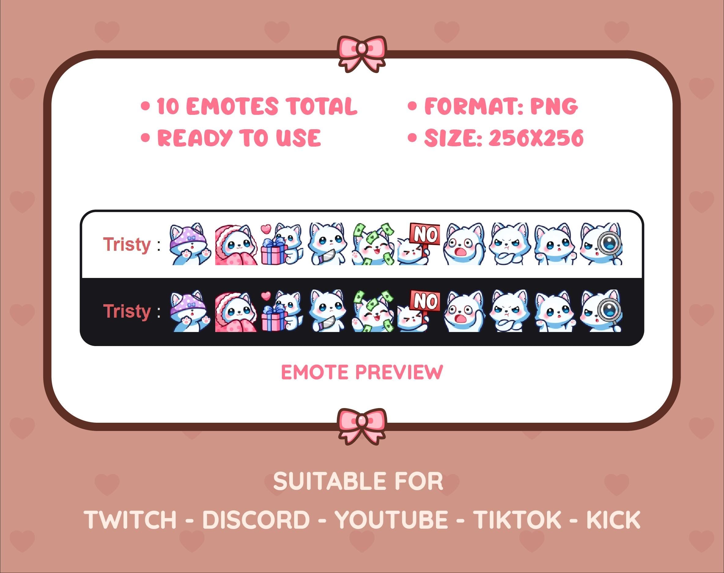 White Fox Twitch emote pack preview displaying all 10 emotes with format and size information.