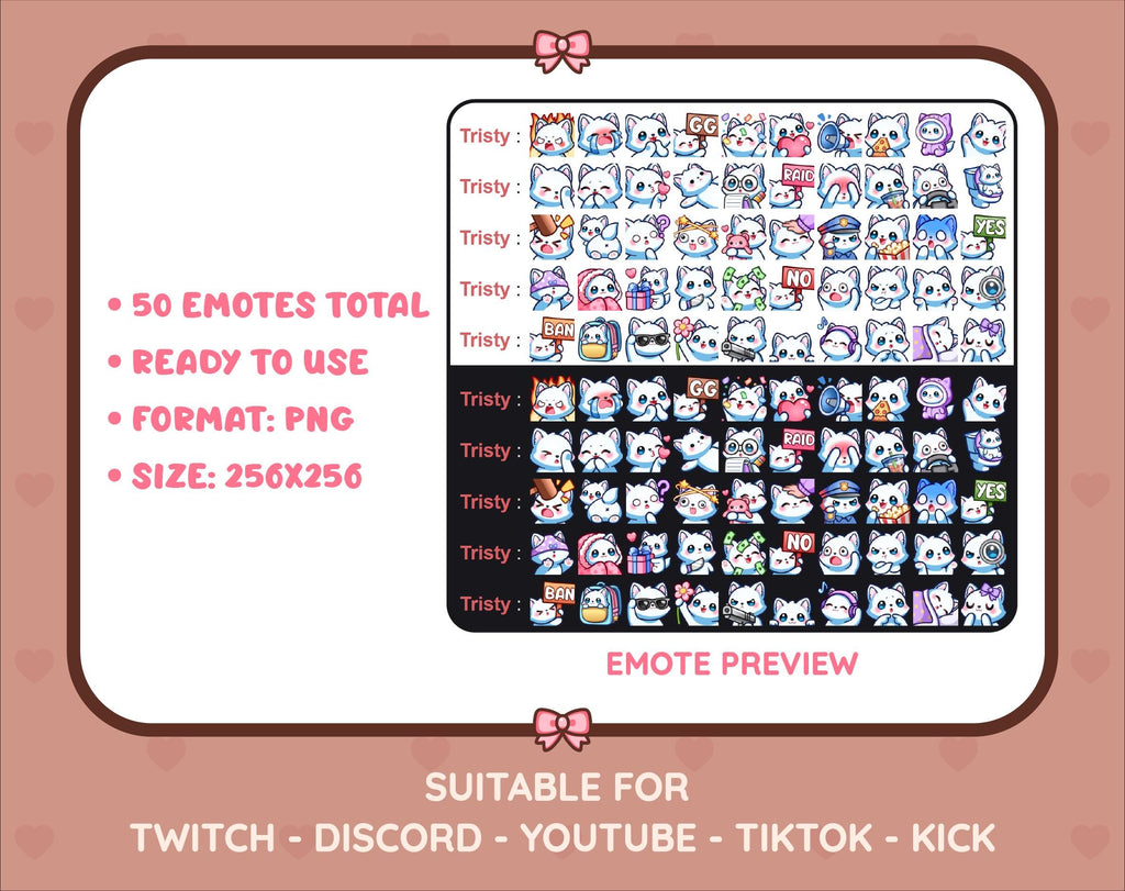 White Fox Twitch emote mega pack preview displaying all 50 emotes with format and size information.