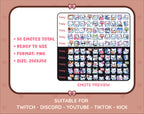 White Fox Twitch emote mega pack preview displaying all 50 emotes with format and size information.