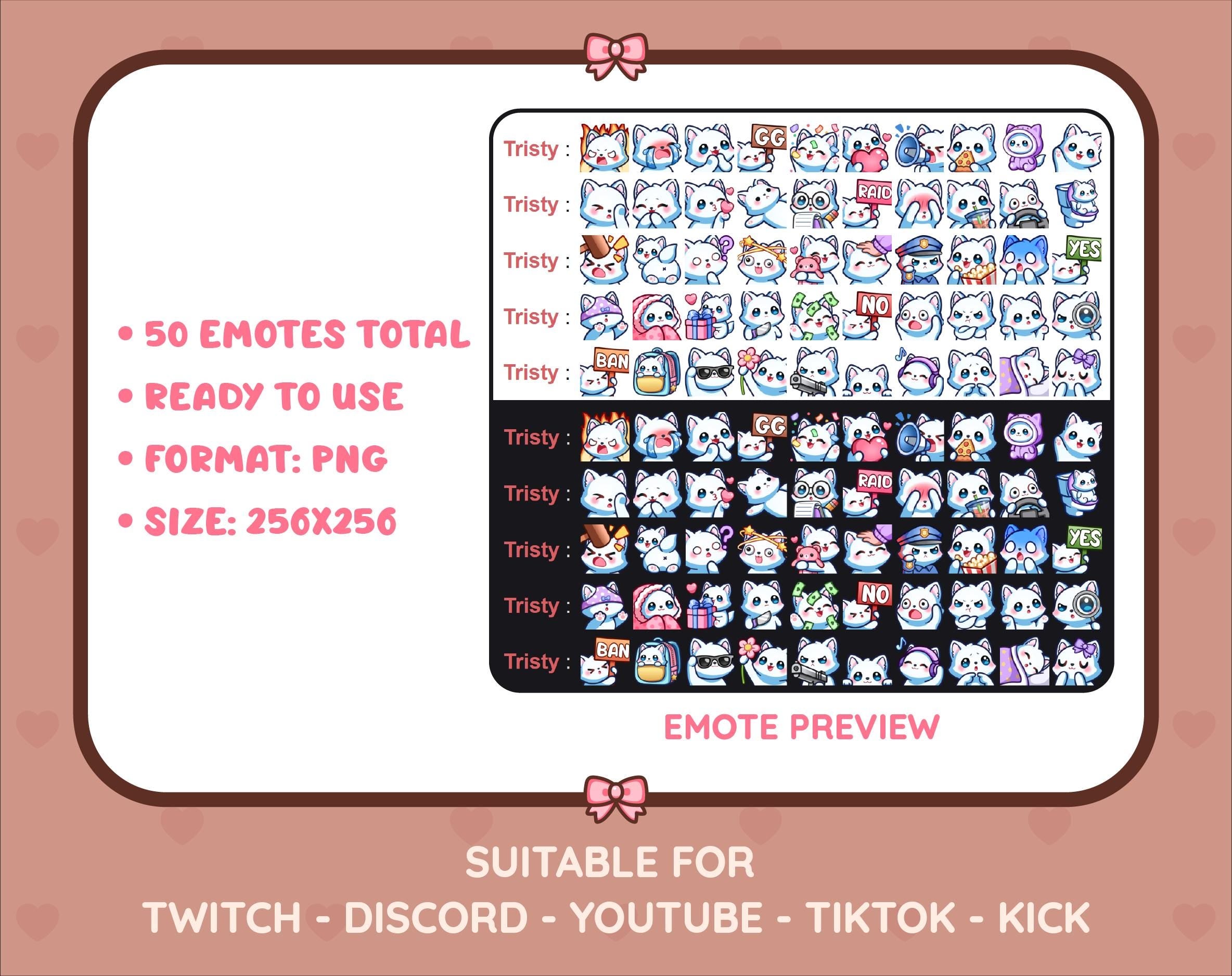 White Fox Twitch emote mega pack preview displaying all 50 emotes with format and size information.