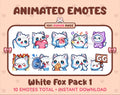 White Fox animated Twitch emote pack featuring 10 emotes including GG, angry, cry, and hype.