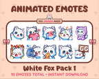 White Fox animated Twitch emote pack featuring 10 emotes including GG, angry, cry, and hype.