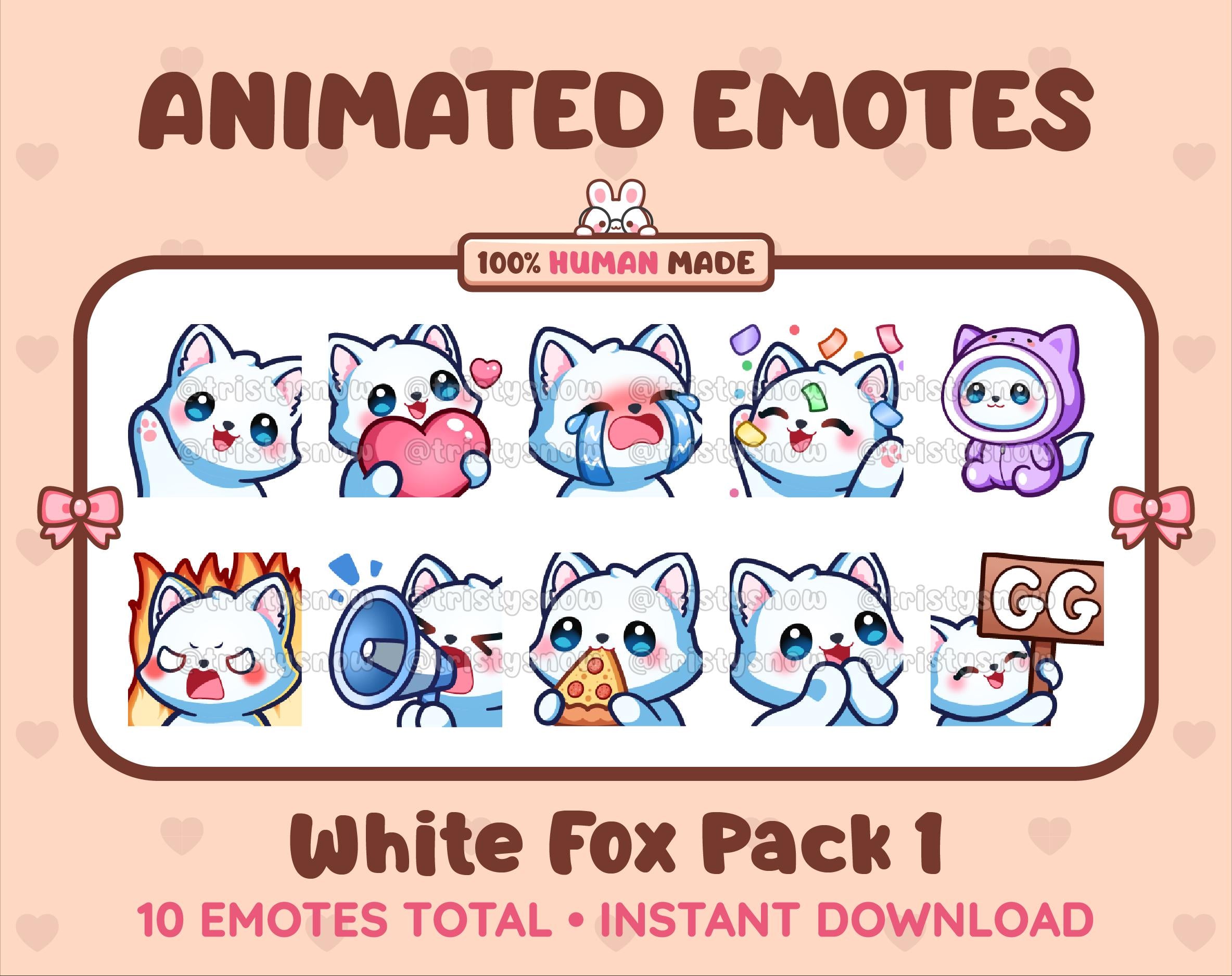 White Fox animated Twitch emote pack featuring 10 emotes including GG, angry, cry, and hype.