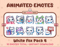 White Fox animated Twitch emote pack featuring 10 emotes including cozy, sus, panic, and shrug.
