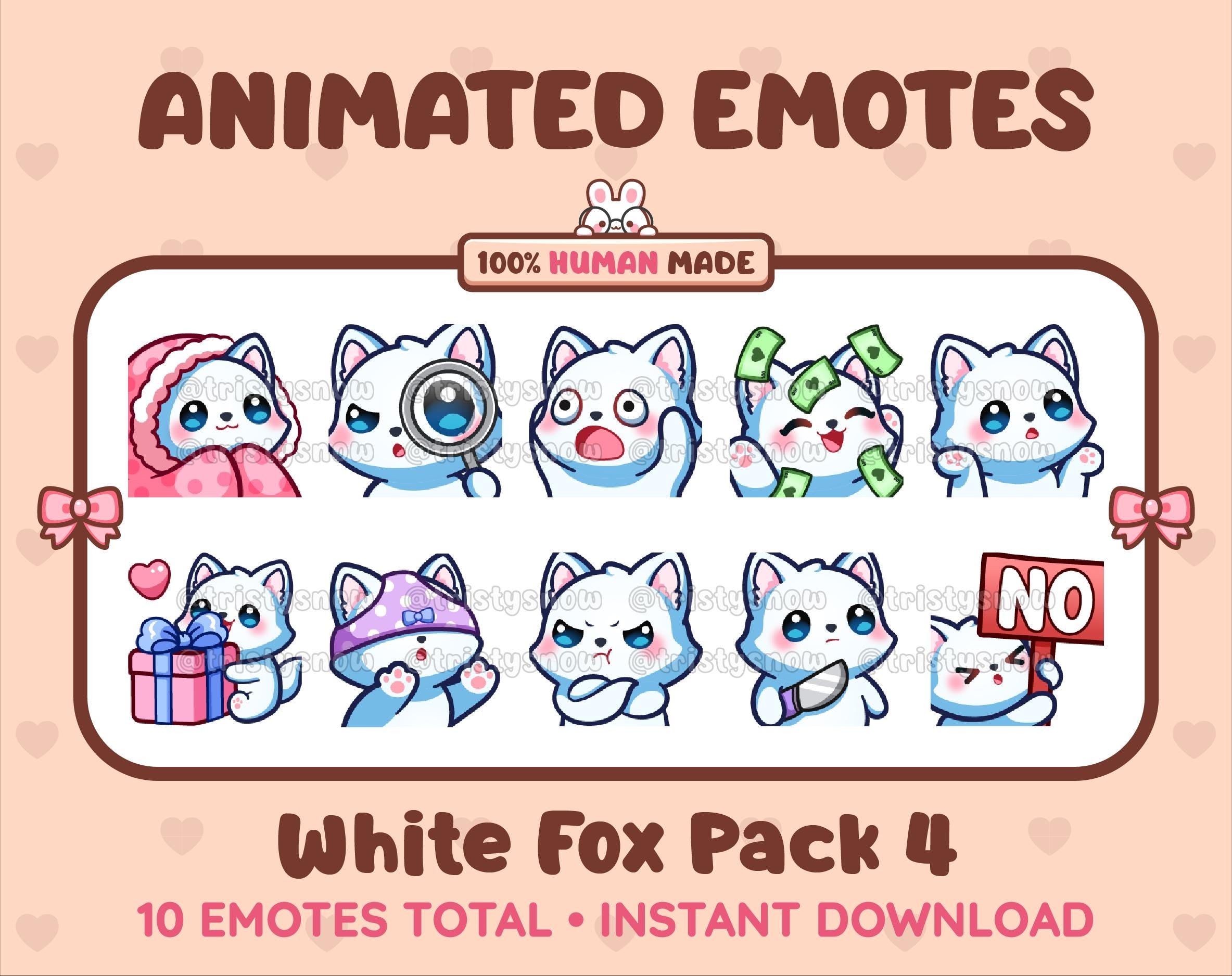 White Fox animated Twitch emote pack featuring 10 emotes including cozy, sus, panic, and shrug.