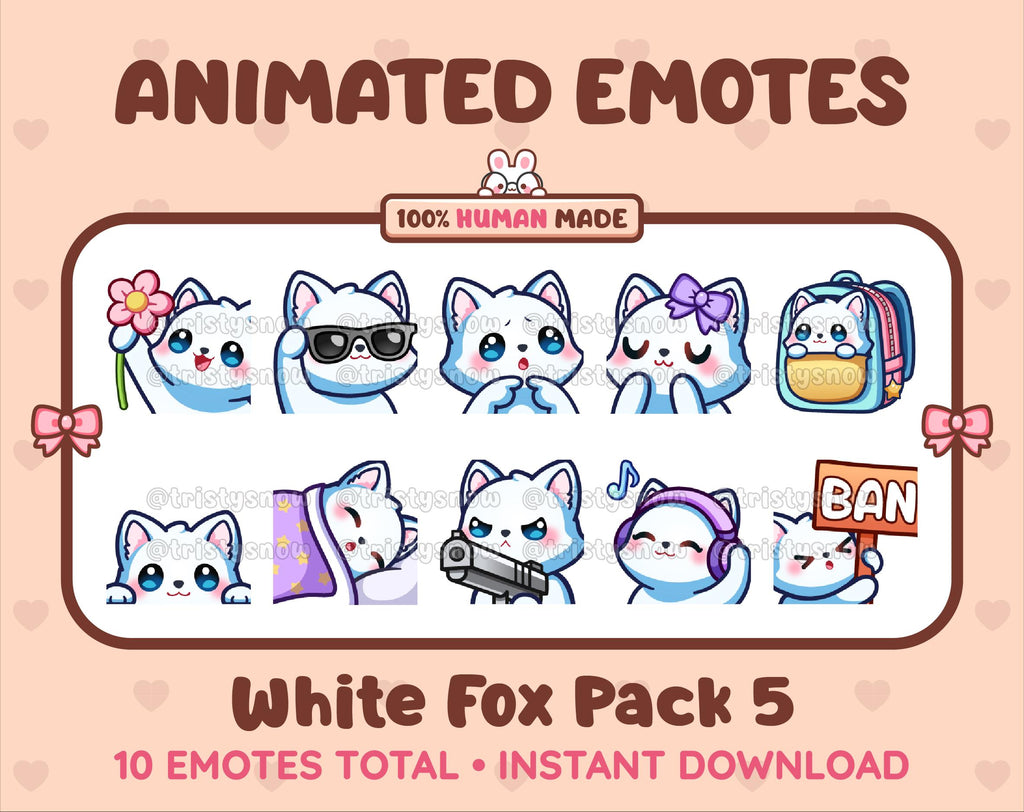 White Fox animated Twitch emote pack featuring 10 emotes including flower, cool, plead, and lurk.