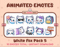 White Fox animated Twitch emote pack featuring 10 emotes including flower, cool, plead, and lurk.