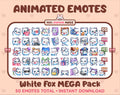 White Fox animated Twitch emote mega pack featuring 50 emotes including hype, kiss, raid, and lurk.