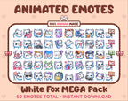 White Fox animated Twitch emote mega pack featuring 50 emotes including hype, kiss, raid, and lurk.