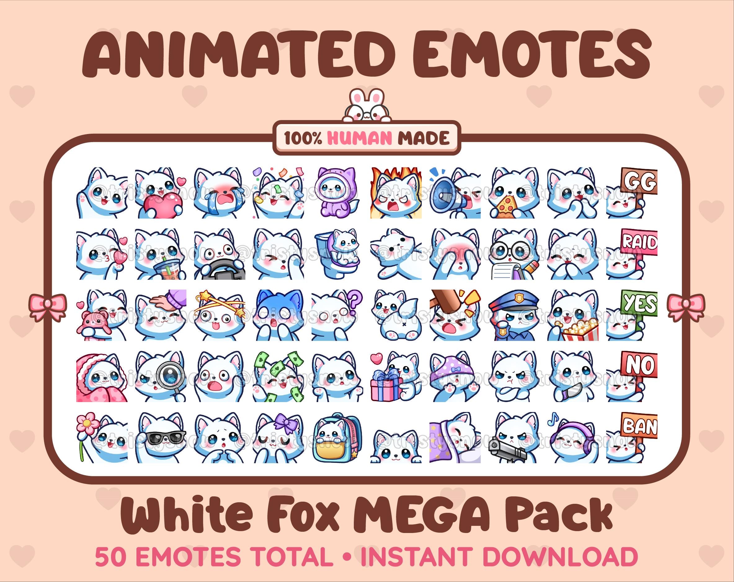 White Fox animated Twitch emote mega pack featuring 50 emotes including hype, kiss, raid, and lurk.