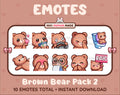 Brown Bear Twitch emote pack featuring 10 emotes including kiss, facepalm, shy, and raid.