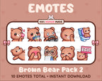 Brown Bear Twitch emote pack featuring 10 emotes including kiss, facepalm, shy, and raid.