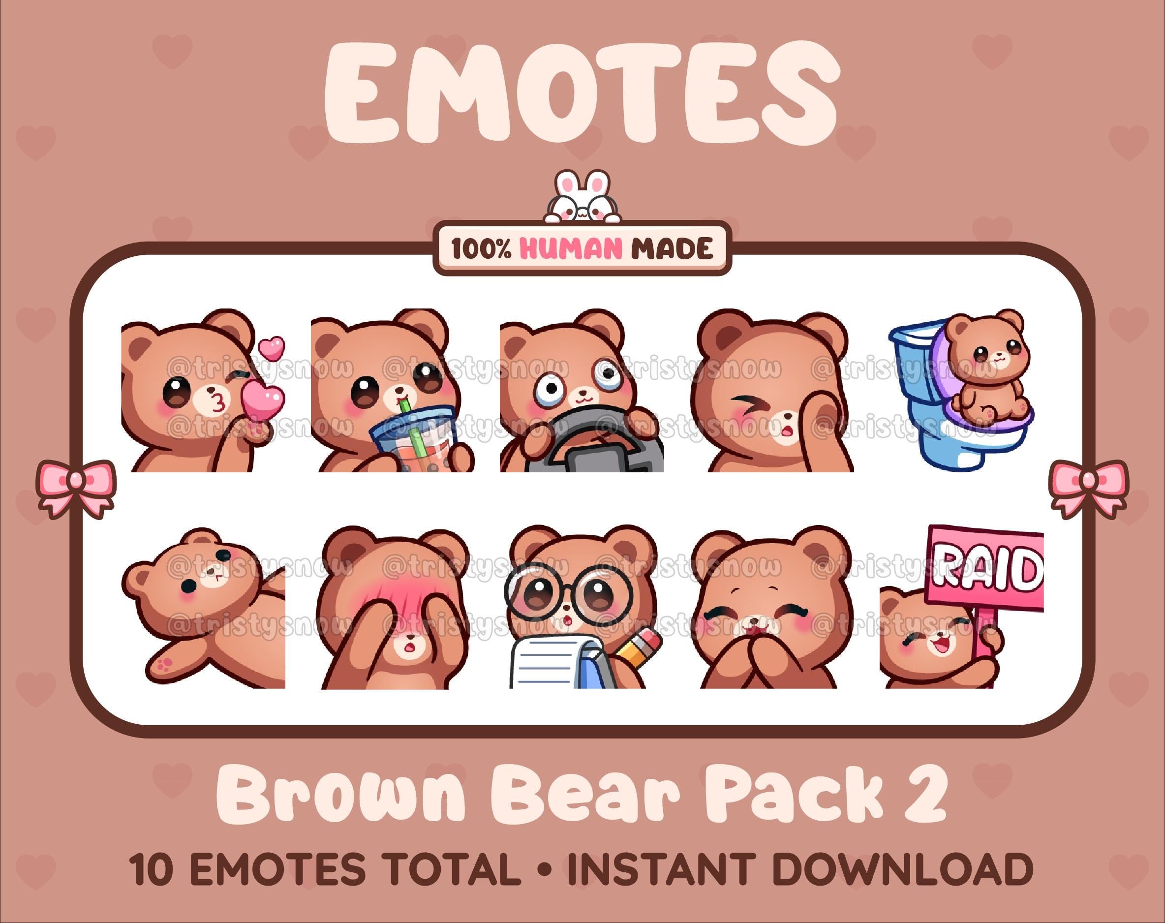 Brown Bear Twitch emote pack featuring 10 emotes including kiss, facepalm, shy, and raid.
