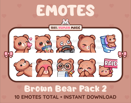 Brown Bear Twitch emote pack featuring 10 emotes including kiss, facepalm, shy, and raid.