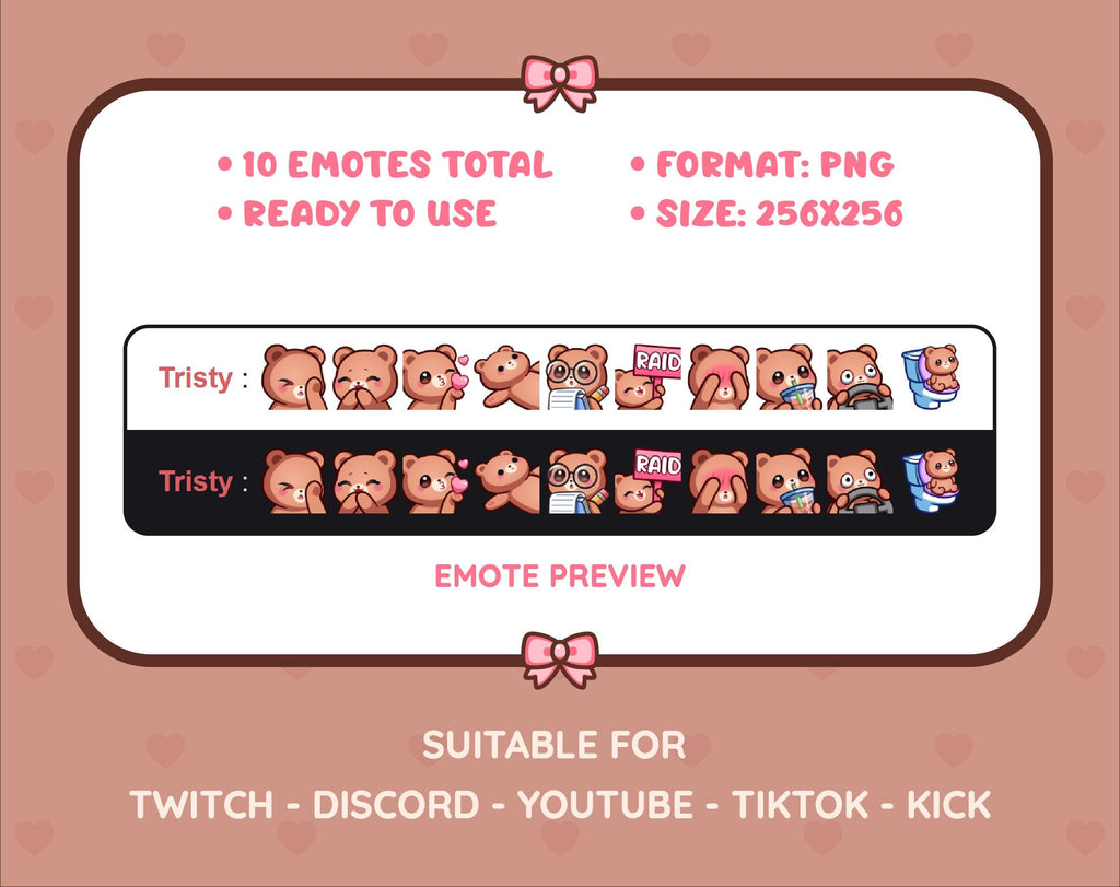 Brown Bear Twitch emote pack preview displaying all 10 emotes with format and size information.