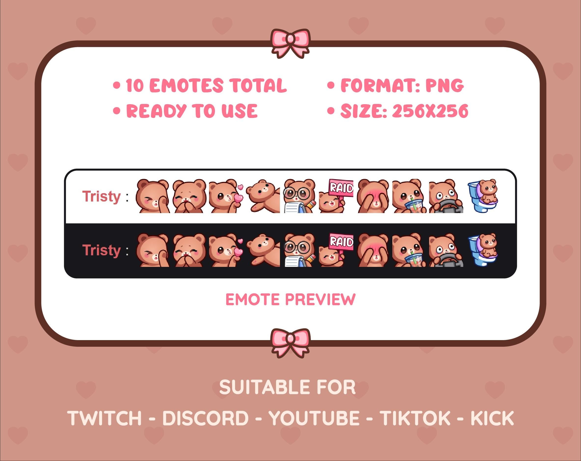 Brown Bear Twitch emote pack preview displaying all 10 emotes with format and size information.