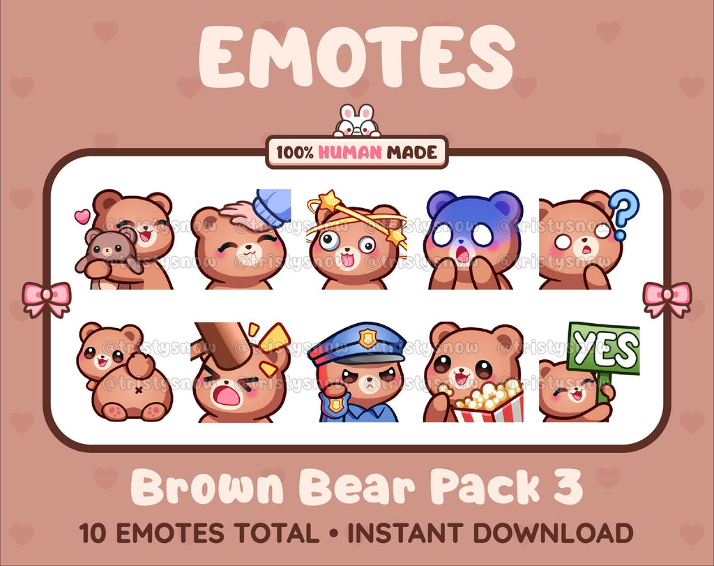 Brown Bear Twitch emote pack featuring 10 emotes including hug, scared, bonk, and popcorn.