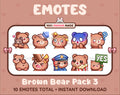 Brown Bear Twitch emote pack featuring 10 emotes including hug, scared, bonk, and popcorn.