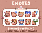 Brown Bear Twitch emote pack featuring 10 emotes including hug, scared, bonk, and popcorn.