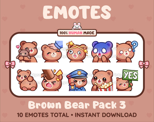 Brown Bear Twitch emote pack featuring 10 emotes including hug, scared, bonk, and popcorn.