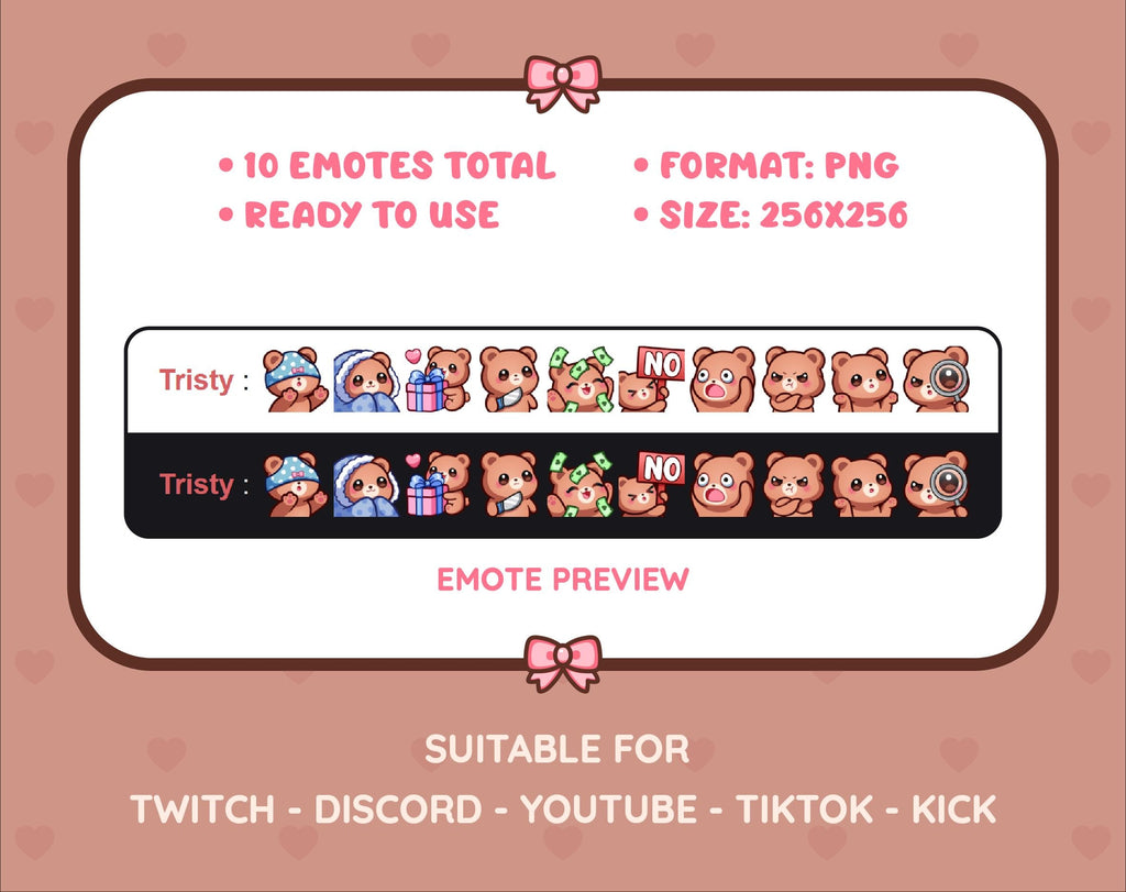 Brown Bear Twitch emote pack preview displaying all 10 emotes with format and size information.