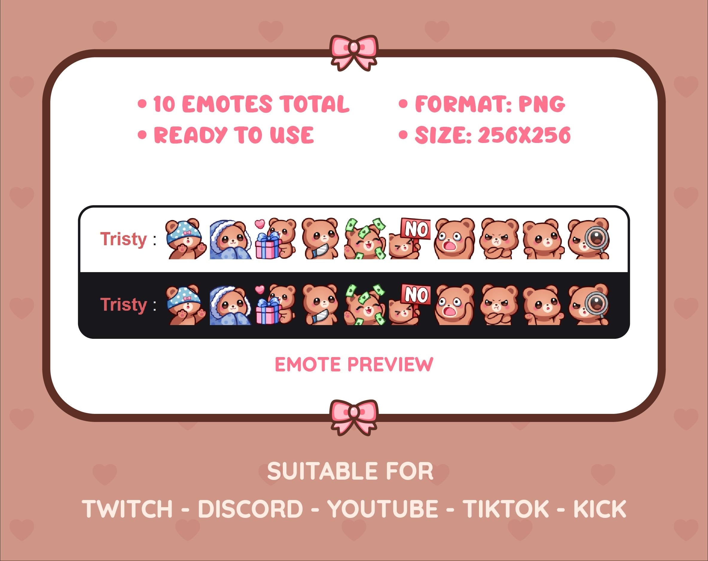 Brown Bear Twitch emote pack preview displaying all 10 emotes with format and size information.