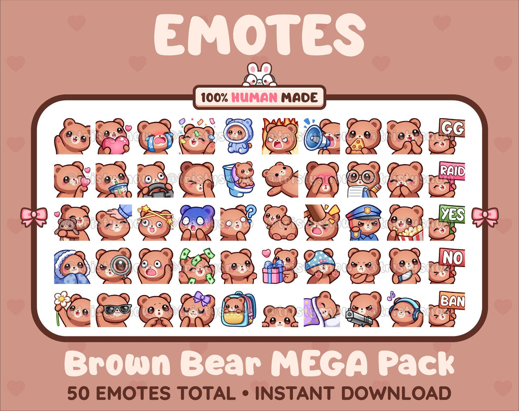 Brown Bear Twitch emote mega pack featuring 50 emotes including hype, kiss, raid, and lurk.