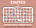 Brown Bear Twitch emote mega pack featuring 50 emotes including hype, kiss, raid, and lurk.