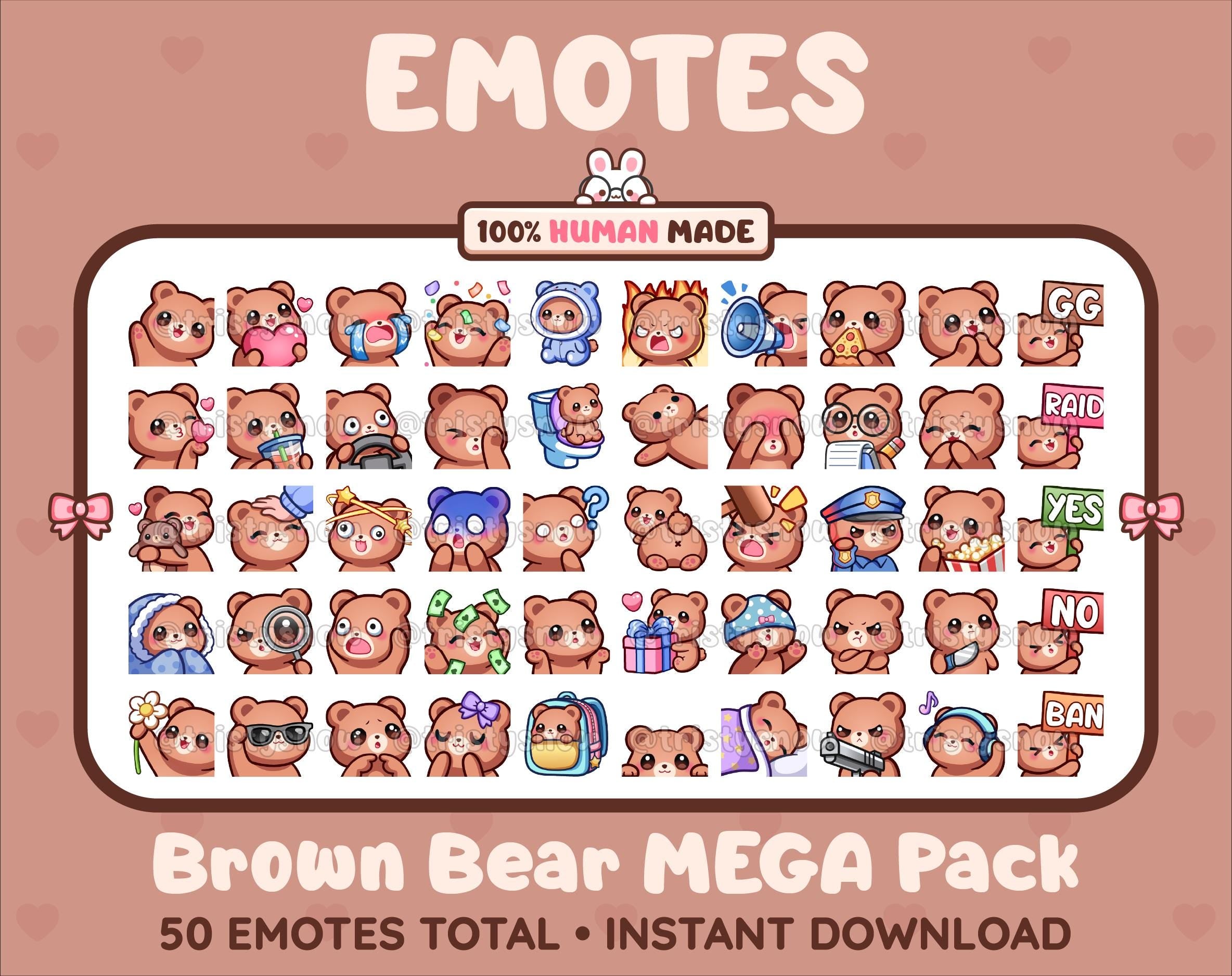 Brown Bear Twitch emote mega pack featuring 50 emotes including hype, kiss, raid, and lurk.
