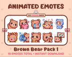 Brown Bear animated Twitch emote pack featuring 10 emotes including GG, angry, cry, and hype.