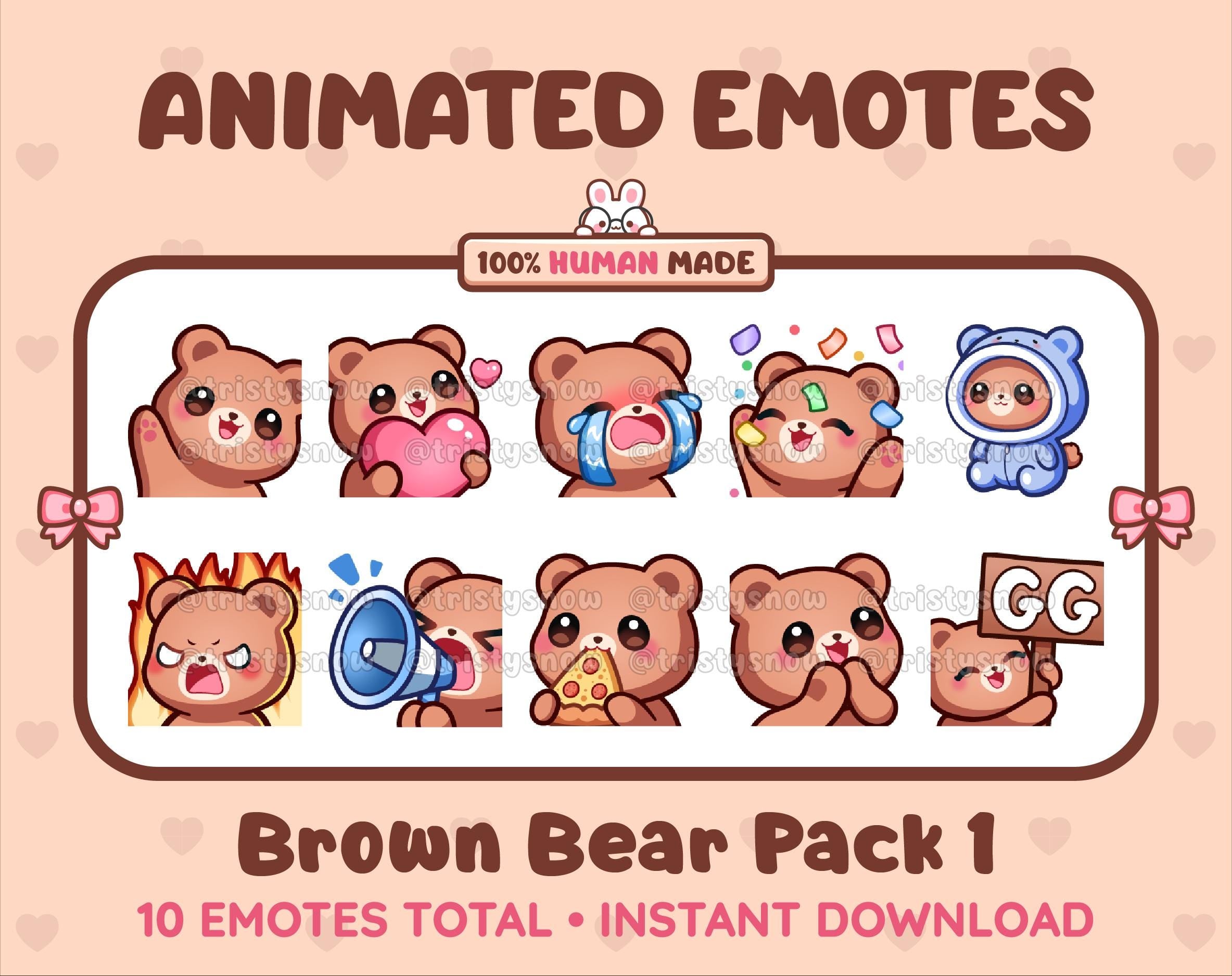 Brown Bear animated Twitch emote pack featuring 10 emotes including GG, angry, cry, and hype.