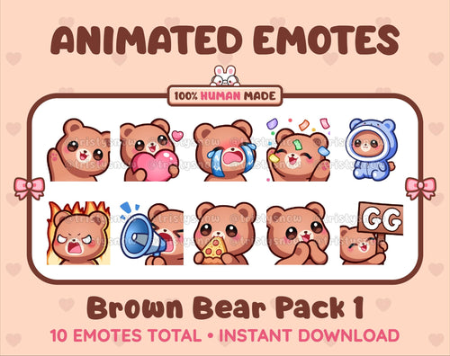 Brown Bear animated Twitch emote pack featuring 10 emotes including GG, angry, cry, and hype.