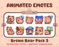 Brown Bear animated Twitch emote pack featuring 10 emotes including hug, scared, bonk, and popcorn.