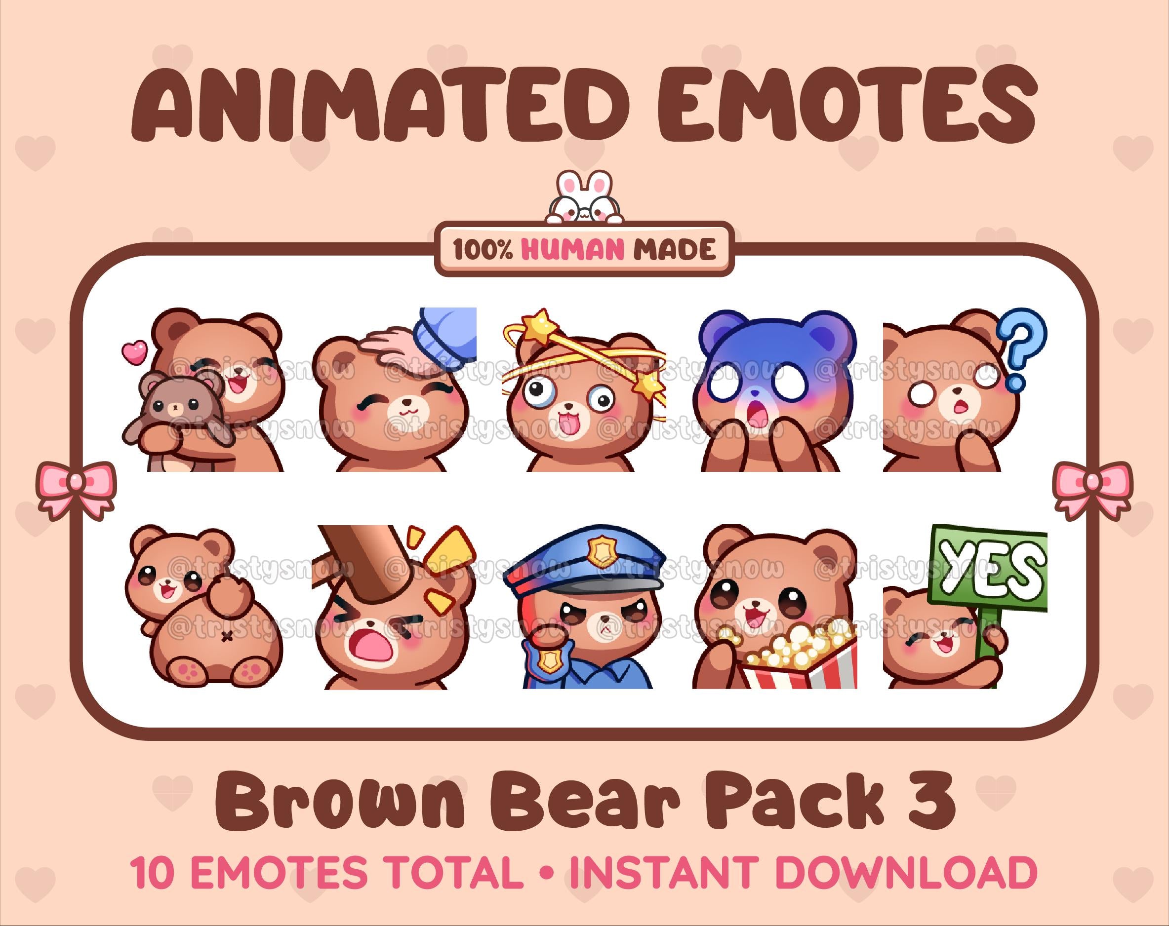 Brown Bear animated Twitch emote pack featuring 10 emotes including hug, scared, bonk, and popcorn.