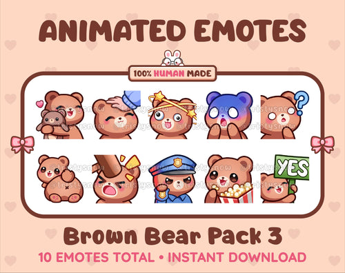 Brown Bear animated Twitch emote pack featuring 10 emotes including hug, scared, bonk, and popcorn.