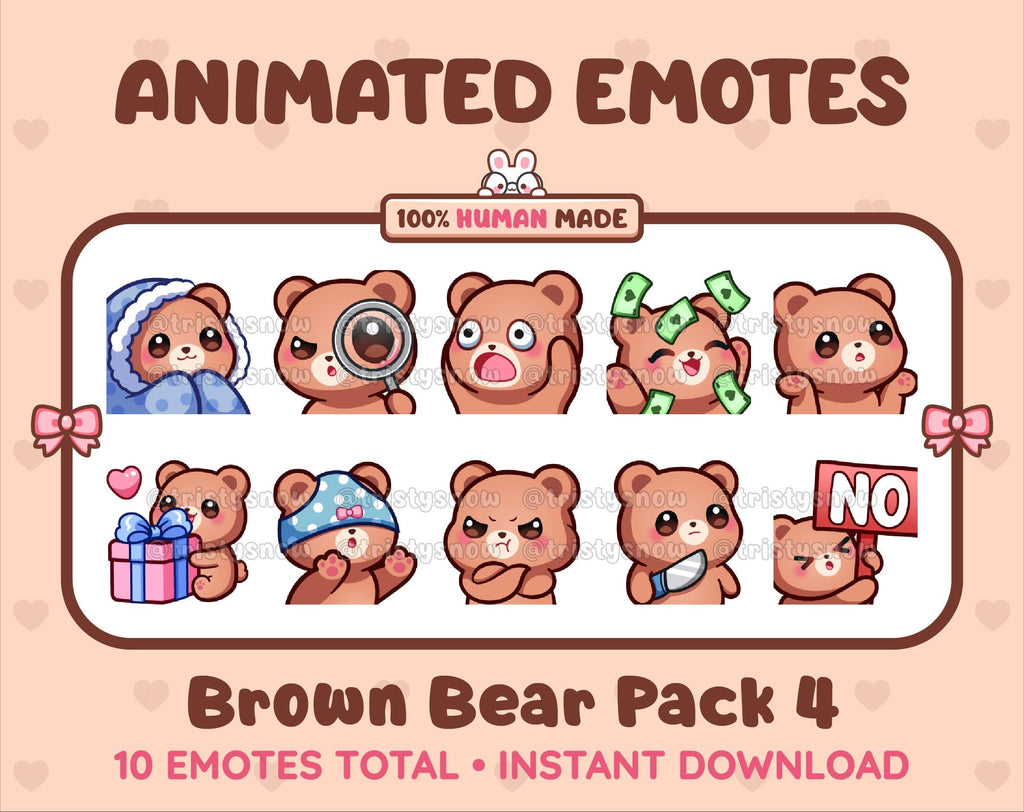 Brown Bear animated Twitch emote pack featuring 10 emotes including cozy, sus, panic, and shrug.